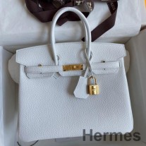 Ručne vyrobená taška Hermes Birkin 25 Retourne z bielej kože Clemence