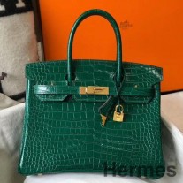 Hermes Birkin 30 cm taška zo zelenej embosovanej krokodílej kože
