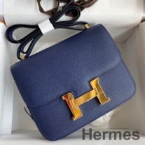 Ručne vyrobená taška Hermes Constance 18 z teľacej kože Blue Saphir Epsom