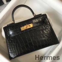 Taška Hermes Kelly Mini II v čiernej embosovanej krokodílej koži