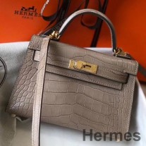 Ručne vyrobená taška Hermes Kelly Mini II v šedej krokodílej embosovanej koži