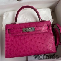 Ručne vyrobená taška Hermes Kelly Mini II Sellier z ružovo-červenej pštrosej kože