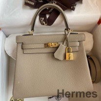 Ručne vyrobená taška Hermes Kelly Retourne 25 v šedej kože Tourterelle Clemence