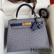 Dvojfarebná taška Hermes Kelly Sellier 25 z šedého achátu a modrej pštrosej kože