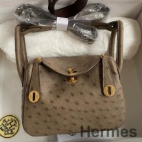 Ručne vyrobená taška Hermes Mini Lindy z taupe pštrosej kože