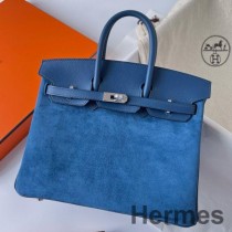 Taška Hermes Birkin 25 Grizzly v modrej farbe Veau Doblis a koži Swift