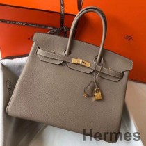 Hermes Birkin 35cm taška v šedej Tourterelle Clemence Leather GHW