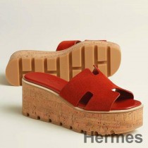 Hermes Eze 30 korkové sandále na platforme v semišovej koži Piment