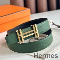 Obojstranný opasok Hermes H au Carre 32 mm v zelenej a čiernej epsomskej koži