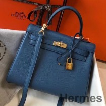 Hermes Kelly 25 cm Retourne taška z achátovo modrej kože Clemence