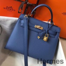 Hermes Kelly 25 cm Sellier taška z achátovo modrej epsomskej kože