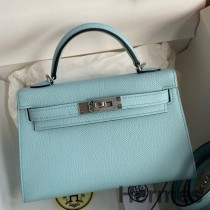 Ručne vyrobená taška Hermes Kelly Mini II Sellier z teľacej kože Blue Zephyr Epsom