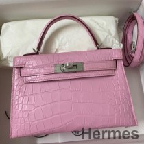 Ručne vyrobená taška Hermes Kelly Mini II Sellier v matnej aligátorovej koži vo farbe Mauve Sylvestre