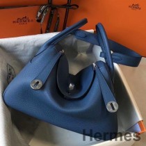 Hermes Lindy 30 cm taška z modrej achátovej kože Clemence PHW