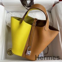 Ručne vyrábaná dvojfarebná taška Hermes Picotin Lock 18 z limetkovej a zlatej kože Clemence