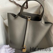 Ručne vyrobená taška Hermes Picotin Lock 22 z kože Etain Clemence