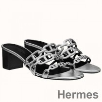 Tandemové sandále Hermes zo striebornej metalickej teľacej kože