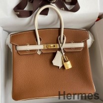 Hermes HSS Birkin 25 골드 및 Craie Clemence 가죽 바이컬러 백