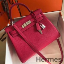 로즈 레드 클레멘스 가죽 소재의 Hermes 켈리 28cm 백 PHW
