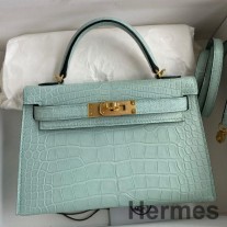Hermes Kelly Mini II Sellier 핸드메이드 백, Vert D'eau Matte 엘리게이터 가죽