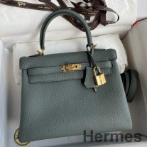 Hermes Kelly Retourne 25 Vert Amande Clemence 가죽 소재의 핸드메이드 백