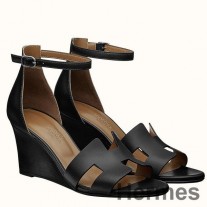 블랙 송아지 가죽 Hermes Legend 웨지 샌들