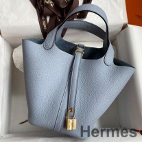Hermes Picotin Lock 18 블루 린 클레멘스 가죽 핸드메이드 백