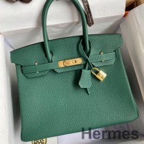 말라카이트 클레멘스 가죽 소재의 Hermes 버킨 30 리투른 핸드메이드 백