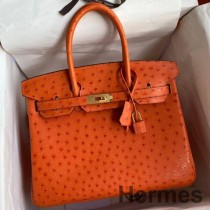 오렌지 타조 가죽 소재의 Hermes Birkin 30 Retourne 핸드메이드 백