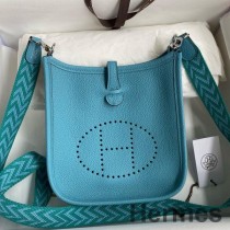 Blue du Nord Clemence 가죽 소재의 Hermes Evelyne 미니 핸드메이드 백