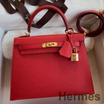 Hermes Kelly Sellier 25 레드 엡솜 송아지 가죽 핸드메이드 백