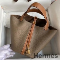 Hermes Picotin Lock 18 회갈색과 골드 클레멘스 가죽 소재의 바이컬러 핸드메이드 백