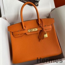 Ręcznie robiona torba Hermes Birkin 30 Retourne z pomarańczowej skóry Clemence