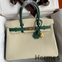 Dwukolorowa torba Hermes HSS Birkin 30 ze skóry cielęcej Craie i Malachit Epsom