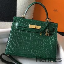 Hermes Kelly 25 cm ręcznie robiona torba z zielonej tłoczonej skóry krokodyla
