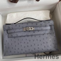 Ręcznie robiona torba Hermes Kelly Pochette ze skóry strusia agatu Gris