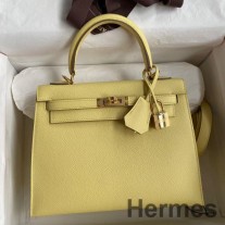 Hermes Kelly Sellier 25 Ręcznie robiona torba ze skóry cielęcej Jaune Poussin Epsom