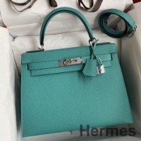 Hermes Kelly Sellier 28 Ręcznie robiona torba z niebieskiej skóry cielęcej Paon Epsom