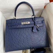 Hermes Kelly Sellier 32 Ręcznie robiona torba ze skóry strusia w kolorze niebieskim irysowym