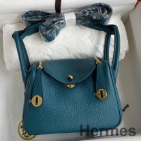 Ręcznie robiona torba Hermes Mini Lindy ze skóry Vert Bosphore Clemence