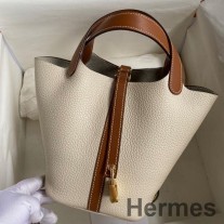Dwukolorowa, ręcznie robiona torba Hermes Picotin Lock 18 ze skóry Craie i złotej Clemence