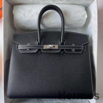 Ręcznie robiona torba Hermes Birkin 25 Sellier ze skóry cielęcej Noir Epsom
