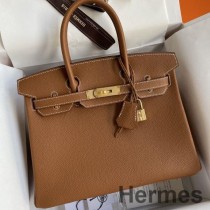 Ręcznie robiona torba Hermes Birkin 30 Retourne ze złotej skóry Clemence