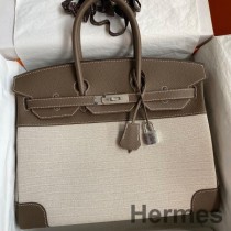 Ręcznie robiona torba Hermes Birkin 35 ze skóry Toile i ciemnoszarej Clemence