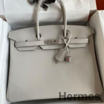 Ręcznie robiona torba Hermes Birkin 35 Retourne z perłowoszarej skóry cielęcej Epsom