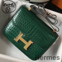 Torba Hermes Constance 24 cm z zielonym wytłoczonym krokodylem