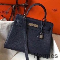 Torba Hermes Kelly 28 cm z ciemnoniebieskiej skóry Clemence PHW