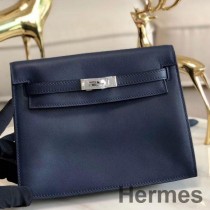 Ręcznie robiona torba Hermes Kelly Danse z niebieskiej skóry Swift