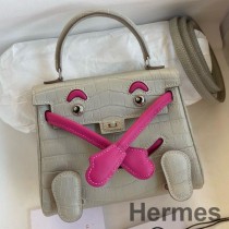Torba dla lalek Hermes Kelly z matowej skóry aligatora w kolorze perłowo-szarym