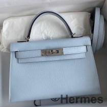 Ręcznie robiona torba Hermes Kelly Mini II Sellier z niebieskiej skóry cielęcej Epsom Brume